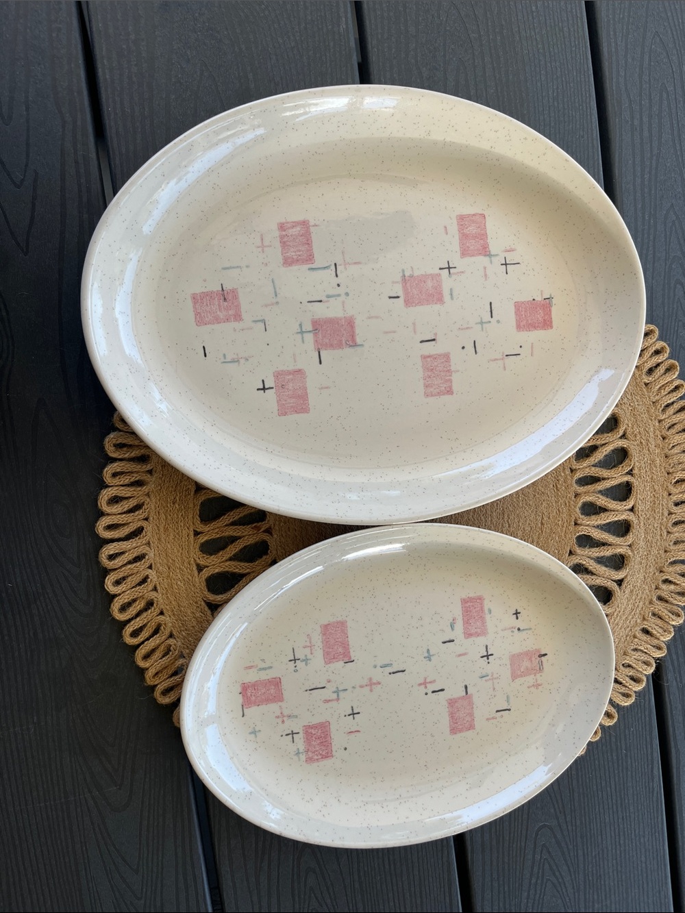 Vintage pair Vernon Cream Speckled Ceramic platters  with Pink Geometric Pattern